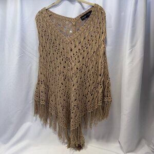 Colleen Lopez Crotched Look Open Knit Ladies One Size Fringed Poncho Cape